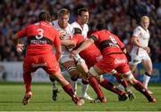 25 October 2014; Chris Henry, Ulster, is tackled by Carl Hayman, Guilhem Guirado and Chris Masoe, RC Toulon. European Rugby Champions Cup 2014/15, Pool 3, Round 2, Ulster v RC Toulon, Kingspan Stadium, Ravenhill Park, Belfast, Co. Antrim. Picture credit: Oliver McVeigh / SPORTSFILE