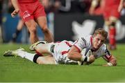 25 October 2014; Craig Gilroy, Ulster, scores his side's first try of the game. European Rugby Champions Cup 2014/15, Pool 3, Round 2, Ulster v RC Toulon, Kingspan Stadium, Ravenhill Park, Belfast, Co. Antrim. Picture credit: Ramsey Cardy / SPORTSFILE