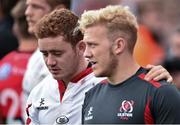 25 October 2014; Ulster's Paddy Jackson, left, and Stuart Olding leave the field dejected after the game. European Rugby Champions Cup 2014/15, Pool 3, Round 2, Ulster v RC Toulon, Kingspan Stadium, Ravenhill Park, Belfast, Co. Antrim. Picture credit: Ramsey Cardy / SPORTSFILE