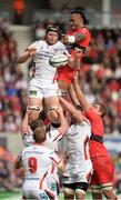 25 October 2014; Franco Van Der Merwe, Ulster, takes the ball in the lineout ahead of Romain Taofifenua, RC Toulon. European Rugby Champions Cup 2014/15, Pool 3, Round 2, Ulster v RC Toulon, Kingspan Stadium, Ravenhill Park, Belfast, Co. Antrim. Picture credit: Oliver McVeigh / SPORTSFILE