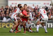 25 October 2014; Delon Armitage, RC Toulon, is tackled by Paddy Jackson, left, and Paul Marshall, Ulster. European Rugby Champions Cup 2014/15, Pool 3, Round 2, Ulster v RC Toulon, Kingspan Stadium, Ravenhill Park, Belfast, Co. Antrim. Picture credit: Oliver McVeigh / SPORTSFILE