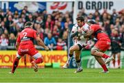 25 October 2014; Jared Payne, Ulster, is tackled by Romain Taofifenua, RC Toulon, as Guilhem Guirado prepares for contact. European Rugby Champions Cup 2014/15, Pool 3, Round 2, Ulster v RC Toulon, Kingspan Stadium, Ravenhill Park, Belfast, Co. Antrim. Picture credit: Ramsey Cardy / SPORTSFILE