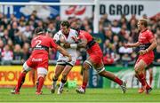 25 October 2014; Jared Payne, Ulster, is tackled by Guilhem Guirado, left, and Romain Taofifenua, RC Toulon. European Rugby Champions Cup 2014/15, Pool 3, Round 2, Ulster v RC Toulon, Kingspan Stadium, Ravenhill Park, Belfast, Co. Antrim. Picture credit: Ramsey Cardy / SPORTSFILE