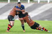 25 October 2014; Ben Te'o, Leinster A, is tackled by Torrin Myhill and Steffan Hughes, Carmarthen Quins. British & Irish Cup, Round 3, Carmarthen Quins v Leinster A, The Park, Carmarthen, Wales. Picture credit: Steve Pope / SPORTSFILE