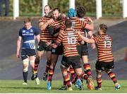 25 October 2014; The Carmarthen Quins players celebrate winning the match with the last kick of the game by Frazier Climo, centre. British & Irish Cup, Round 3, Carmarthen Quins v Leinster A, The Park, Carmarthen, Wales. Picture credit: Steve Pope / SPORTSFILE