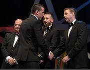 24 October 2014; Patrick Maher, Tipperary, is congratulated on receiving his All-Star award by Dave Sheeran, right, Managing Director, Opel Ireland, during the 2014 GAA GPA All-Star Awards, sponsored by Opel. Convention Centre, Dublin. Picture credit: Brendan Moran / SPORTSFILE