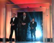 24 October 2014; Goalkeepers Darren Gleeson, left, Tipperary, and Paul Durcan, Donegal, leads the the All-Stars onto the stage during the 2014 GAA GPA All-Star Awards, sponsored by Opel. Convention Centre, Dublin. Picture credit: Brendan Moran / SPORTSFILE