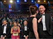 24 October 2014; Kilkenny manager Brian Cody is interviewed by MC Joanne Cantwell during the 2014 GAA GPA All-Star Awards, sponsored by Opel. Convention Centre, Dublin. Picture credit: Brendan Moran / SPORTSFILE