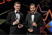 24 October 2014; Roscommon hurlers Cathal Dolan, left, and Tomás Seale with their Nicky Rackard Champions 15 Awards at the 2014 GAA GPA All-Star Awards, sponsored by Opel. Convention Centre, Dublin. Picture credit: Brendan Moran / SPORTSFILE