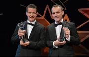 24 October 2014; Donegal hurlers Paul Sheridan, left, and Justin McGee with their Nicky Rackard Champions 15 Awards at the 2014 GAA GPA All-Star Awards, sponsored by Opel. Convention Centre, Dublin. Picture credit: Brendan Moran / SPORTSFILE
