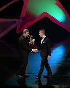 24 October 2014; James O'Donoghue, Kerry, is presented with the GAA GPA Footballer of the Year Award by Dessie Farrell, CEO, GPA, at the 2014 GAA GPA All-Star Awards, sponsored by Opel. Convention Centre, Dublin. Picture credit: Brendan Moran / SPORTSFILE