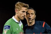 24 October 2014; Michael McSweeney, Cork City, speaks with referee Neil Doyle. SSE Airtricity League Premier Division, Dundalk v Cork City, Oriel Park, Dundalk, Co. Louth. Picture credit: Ramsey Cardy / SPORTSFILE
