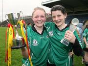 24 April 2007; Captain Cliona Gannon, left, Dunmore Community School, Galway, with Sarah Burke, Player of the Match Award winner, at the end of the game. Pat the Baker Post Primary Schools All-Ireland Junior B Finals, Dunmore Community School, Galway v Loreto Grammar, Omagh, Tyrone, Kingspan Breffni Park, Co. Cavan. Picture credit: Oliver McVeigh / SPORTSFILE