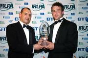 25 April 2007; Luke Fitzgerald is presented with the Irish Mortgage Corporation IRUPA Newcomer of the Year by Ian Bloom, left, Sales Director, Irish Mortgage Corporation, during the BT IRUPA Rugby Awards 2007. O'Reilly Hall, University College Dublin, Belfield, Dublin. Picture credit: Brendan Moran / SPORTSFILE