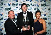 25 April 2007; Shane Horgan, who was presented with the Tyrone Crystal IRUPA Try of the Year by Peter Nunn, left, Director, Tyrone Crystal, and Barbara Campbell, Sales Manager, Tyrone Crystal, during the BT IRUPA Rugby Awards 2007. O'Reilly Hall, University College Dublin, Belfield, Dublin. Picture credit: Brendan Moran / SPORTSFILE