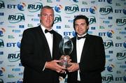 25 April 2007; Victor Costello, who was presented with the Hooke and MacDonald Hall of Fame award by Brian Carey, of Hooke and MacDonald, during the BT IRUPA Rugby Awards 2007. O'Reilly Hall, University College Dublin, Belfield, Dublin. Picture credit: Brendan Moran / SPORTSFILE