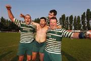 28 April 2007; Greystones players Alex O'Sullivan, Jamie Hagan, Simon Malone and John O'Beirne celebrate victory. AIB League Division 2 Final, Old Belvedere v Greystones, Templeville Road, Dublin. Picture credit: Ray McManus / SPORTSFILE