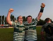 28 April 2007; Greystones players Alex O'Sullivan and John O'Beirne celebrate victory. AIB League Division 2 Final, Old Belvedere v Greystones, Templeville Road, Dublin. Picture credit: Ray McManus / SPORTSFILE