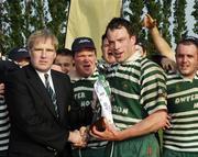 28 April 2007; The Greystones captain is presented with the trophy by IRFU President Peter Boyle. AIB League Division 2 Final, Old Belvedere v Greystones, Templeville Road, Dublin. Picture credit: Ray McManus / SPORTSFILE