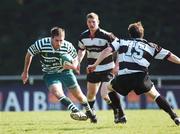 28 April 2007; The Old Belvedere full-back Andy Dunne moves to tackle his opposite number Dave McKechnie, Greystones. AIB League Division 2 Final, Old Belvedere v Greystones, Templeville Road, Dublin. Picture credit: Ray McManus / SPORTSFILE