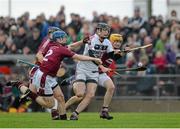 26 October 2014; Brendan Rodgers, Slaughtneil, in action against Karl McKeegan, Aidan McNaughton and Ryan McCambridge, Ruairi Og. AIB Ulster GAA Hurling Senior Club Championship, Semi-Final Replay, Ruairi Og v Slaughtneil, Loughgiel, Antrim. Picture credit: Oliver McVeigh / SPORTSFILE