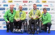 27 October 2014; Winner of the Wheelchair race at the SSE Airtricity Dublin Marathon 2014 Patrick Monahan, Naas, Co. Kildare, second from right, with from left, Jim Aughney, SSE Airtricity Dublin Marathon Race Director, Luke Jones, Wales, third placed finisher, and Mark Ennis, Chairman SSE Ireland. Merrion Square, Dublin. Picture credit: Pat Murphy / SPORTSFILE