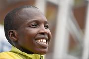 27 October 2014; Eliud Too, Kenya, celebrates on the podium after winning the SSE Airtricity Dublin Marathon 2014 in a time of 2:14:48. Merrion Square, Dublin. Picture credit: Ramsey Cardy / SPORTSFILE