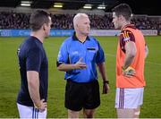 27 October 2014; Referee Dave Feeney speaks with St Vincent’s captain Ger Brennan, left, and St Oliver Plunketts Eogha Rua captain Ross McConnell ahead of the game. Dublin County Senior Football Championship Final, St Oliver Plunketts Eogha Rua v St Vincent's. Parnell Park, Dublin. Picture credit: Stephen McCarthy / SPORTSFILE