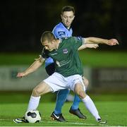 27 October 2014; Jake Keegan, Galway United, in action against James Kavanagh, UCD. SSE Airtricity League Promotion / Relegation Play-Off, First Leg, UCD v Galway United, The UCD Bowl, Belfield, Dublin. Picture credit: David Maher / SPORTSFILE
