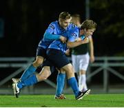 27 October 2014; Timmy Molloy, right, UCD, celebrates after scoring his side's first goal with team-mate Colm Crowe. SSE Airtricity League Promotion / Relegation Play-Off, First Leg, UCD v Galway United, The UCD Bowl, Belfield, Dublin. Picture credit: David Maher / SPORTSFILE