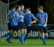 27 October 2014; Timmy Molloy, right, UCD, celebrates after scoring his side's first goal with his team-mate's. SSE Airtricity League Promotion / Relegation Play-Off, First Leg, UCD v Galway United, The UCD Bowl, Belfield, Dublin. Picture credit: David Maher / SPORTSFILE