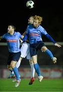 27 October 2014; Paul Sinnott, Galway United, in action against Chris Mulhall, left and Conor Cannon, UCD. SSE Airtricity League Promotion / Relegation Play-Off, First Leg, UCD v Galway United, The UCD Bowl, Belfield, Dublin. Picture credit: David Maher / SPORTSFILE