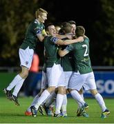 27 October 2014; Ryan Manning, second from right, Galway United, celebrates after scoring his side's second goal with team-mate's. SSE Airtricity League Promotion / Relegation Play-Off, First Leg, UCD v Galway United, The UCD Bowl, Belfield, Dublin. Picture credit: David Maher / SPORTSFILE
