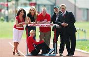 30 April 2007; Derval O’Rourke, World Indoor Champion, with Eamonn Coughlan at the launch of the SPAR Mile Challenge with Louise Heraghty, far left, 98FM DJ, Model Kate O'Neill, Thomas Ennis, Spar and Terry Mee, Taxi driver. Irishtown Stadium, Ringsend, Dublin. Picture credit: David Maher /  SPORTSFILE