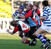 4 May 2007; Andrew Hughes, Dungannon, is tackled by Simon Rea and Keith Piper, Belfast Harlequins. First Trust Senior Cup Final, Dungannon v Belfast Harlequins, Ravenhill Park, Belfast, Co. Antrim. Picture credit: Oliver McVeigh / SPORTSFILE