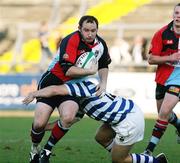 4 May 2007; Keith Piper, Belfast Harlequins, is tackled by Glen Telford, Dungannon. First Trust Senior Cup Final, Dungannon v Belfast Harlequins, Ravenhill Park, Belfast, Co. Antrim. Picture credit: Oliver McVeigh / SPORTSFILE