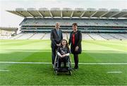 27 September 2014; President of the Camogie Association Aileen Lawlor and GAA Ard Stiúrthóir Paraic Duffy, with Ellie Sheehy, from the Munster Wheelchair Hurling team. INTO/RESPECT Exhibition GoGames, Croke Park, Dublin. Picture credit: Dáire Brennan / SPORTSFILE