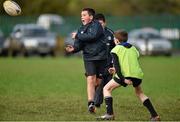 28 October 2014; Kevin Brady, centre, in action against Darragh Cunningham, during the Leinster School of Excellence on Tour in Athboy RFC. Athboy RFC, Co. Meath. Picture credit: Barry Cregg / SPORTSFILE