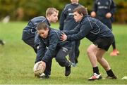 28 October 2014; Sean Quinn, right, in action against Edward Hoey, left, and AJ Finlay during the Leinster School of Excellence on Tour in Athboy RFC. Athboy RFC, Co. Meath. Picture credit: Barry Cregg / SPORTSFILE