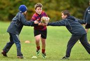 28 October 2014; Pierce Griffin, centre, in action against  Alex Reynolds, left, and Sean Quinn during the Leinster School of Excellence on Tour in Athboy RFC. Athboy RFC, Co. Meath. Picture credit: Barry Cregg / SPORTSFILE