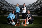 28 October 2014; Ahead of the FAI Continental Tyres Women’s Cup Final between UCD Waves and Raheny United on Sunday are, from left, Aine O'Gorman, Julie-Ann Russell, UCD Waves, Pearl Slattery, and Rebecca Creagh, Raheny United. FAI Continental Tyres Women’s Cup Final Media Day, FAI Suite, Aviva Stadium, Dublin. Picture credit: Pat Murphy / SPORTSFILE