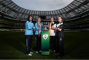 28 October 2014; Ahead of the FAI Continental Tyres Women’s Cup Final between UCD Waves and Raheny United on Sunday are, from left, Aine O'Gorman, Julie-Ann Russell, UCD Waves, Pearl Slattery, and Rebecca Creagh, Raheny United. FAI Continental Tyres Women’s Cup Final Media Day, FAI Suite, Aviva Stadium, Dublin. Picture credit: Pat Murphy / SPORTSFILE