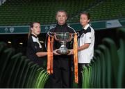 28 October 2014; Ahead of the FAI Continental Tyres Women’s Cup Final between UCD Waves and Raheny United on Sunday are, from left, Rebecca Creagh, Casey McQuillan, manager, and Pearl Slattery, Raheny United. FAI Continental Tyres Women’s Cup Final Media Day, FAI Suite, Aviva Stadium, Dublin. Picture credit: Pat Murphy / SPORTSFILE