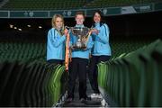 28 October 2014; Ahead of the FAI Continental Tyres Women’s Cup Final between UCD Waves and Raheny United on Sunday are, from left, Julie-Ann Russell, Eileen Gleeson, manager, and Aine O'Gorman, UCD Waves. FAI Continental Tyres Women’s Cup Final Media Day, FAI Suite, Aviva Stadium, Dublin. Picture credit: Pat Murphy / SPORTSFILE