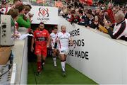 25 October 2014; Ulster Captain Rory Best, right, and RC Toulon Captain Carl Hayman lead their teams out. European Rugby Champions Cup 2014/15, Pool 3, Round 2, Ulster v RC Toulon, Kingspan Stadium, Ravenhill Park, Belfast, Co. Antrim. Picture credit: Oliver McVeigh / SPORTSFILE