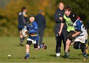 29 October 2014; Keith Holligan, left, in action against Robert Wall, centre, and Niall O'Hanlon, right, during the Leinster School of Excellence on Tour in Cill Dara RFC, Cill Dara RFC, Co. Kildare. Picture credit: Barry Cregg / SPORTSFILE