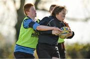 29 October 2014; John Cross, right, in action against Jake O'Brien, during the Leinster School of Excellence on Tour in Cill Dara RFC, Cill Dara RFC, Co. Kildare. Picture credit: Barry Cregg / SPORTSFILE