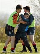 29 October 2014; Dylan Grogan, centre, in action against Luke O'Toole, left, and Josh Shorthouse, during the Leinster School of Excellence on Tour in Cill Dara RFC, Cill Dara RFC, Co. Kildare. Picture credit: Barry Cregg / SPORTSFILE
