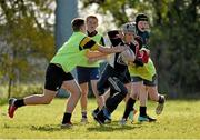 29 October 2014; Brendan Fitzsimons, in action against Tom Mason, right, and Barry Dooley, left, during the Leinster School of Excellence on Tour in Cill Dara RFC, Cill Dara RFC, Co. Kildare. Picture credit: Barry Cregg / SPORTSFILE