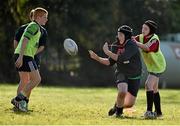 29 October 2014; Josh Keogh, centre, in action against Max Byrne, right, and Tom Mason, left, during the Leinster School of Excellence on Tour in Cill Dara RFC, Cill Dara RFC, Co. Kildare. Picture credit: Barry Cregg / SPORTSFILE